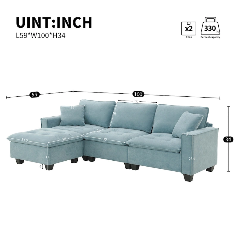 100*59 Convertible Sectional Sofa,L-shaped Reversible Couch Set with Free Pillows,4 Seat Sleeper Sofa with Ottoman