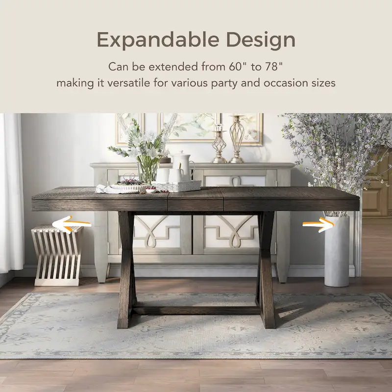 Expandable Dining Table, Rustic Farmhouse, Trestle Base, 18