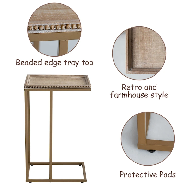 COZAYH Farmhouse C Table End Table, Distressed Beaded Edge Tray Top Side Table