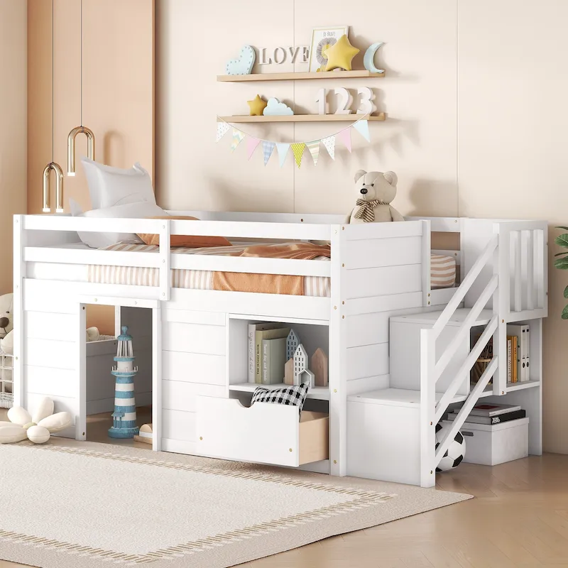 White Twin Wood Loft Bed with Storage Shelves, Drawers, and Desk