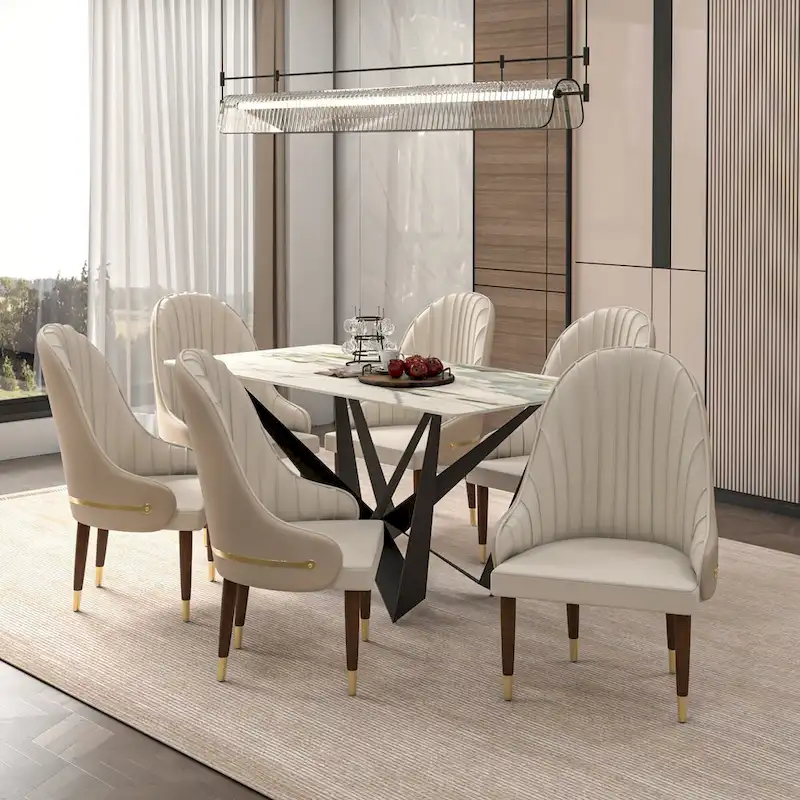 Leather Dining Chair with a Ripple Back and Gold Accents Design Elara Collection
