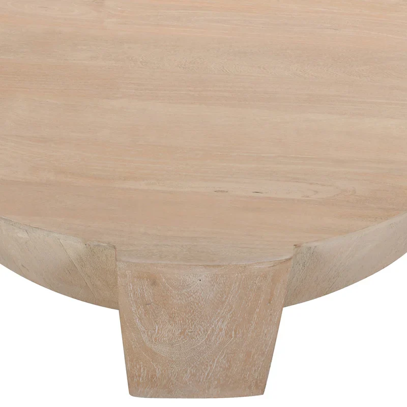 Joana Coffee Table, 35 Inch Round Drum Shape with 3 Legs, Sandblasted Natural Brown Mango Wood