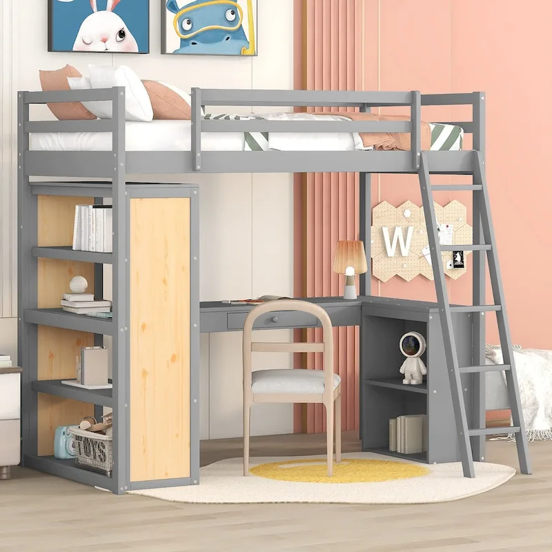Loft Bed with Desk, Shelves, Drawer, and Ladder, Full-Length Guardrail