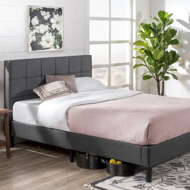 Extra-Large Platform Bed Frame with Gray Quilted Grid Stitching