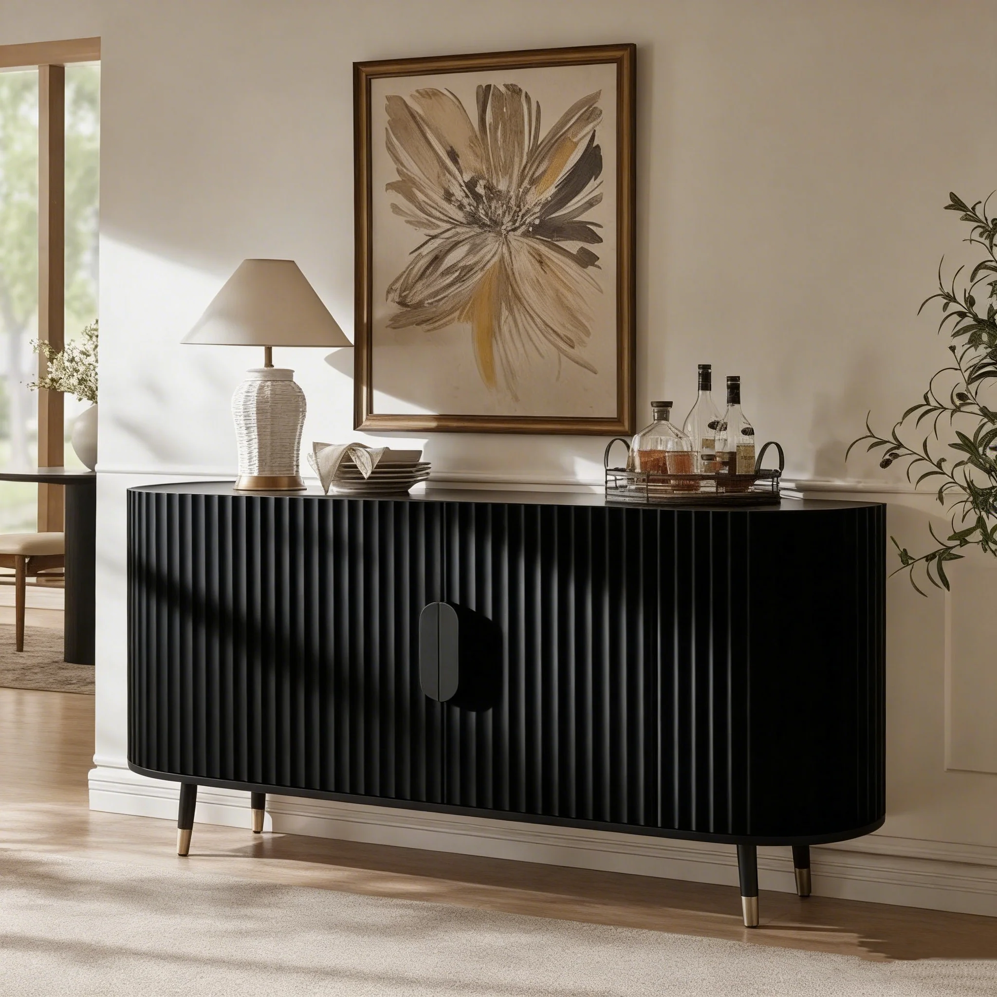 Sideboard Cabinet with Curved Wavy Design - Adjustable Shelves