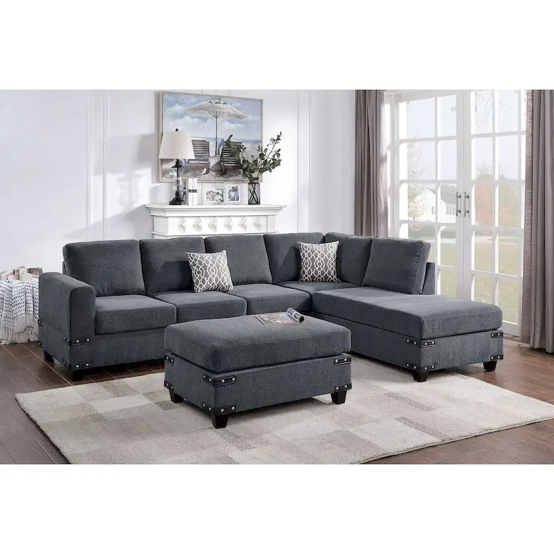 Poundex 3 Piece Fabric Sectional Sofa Set with Ottoman