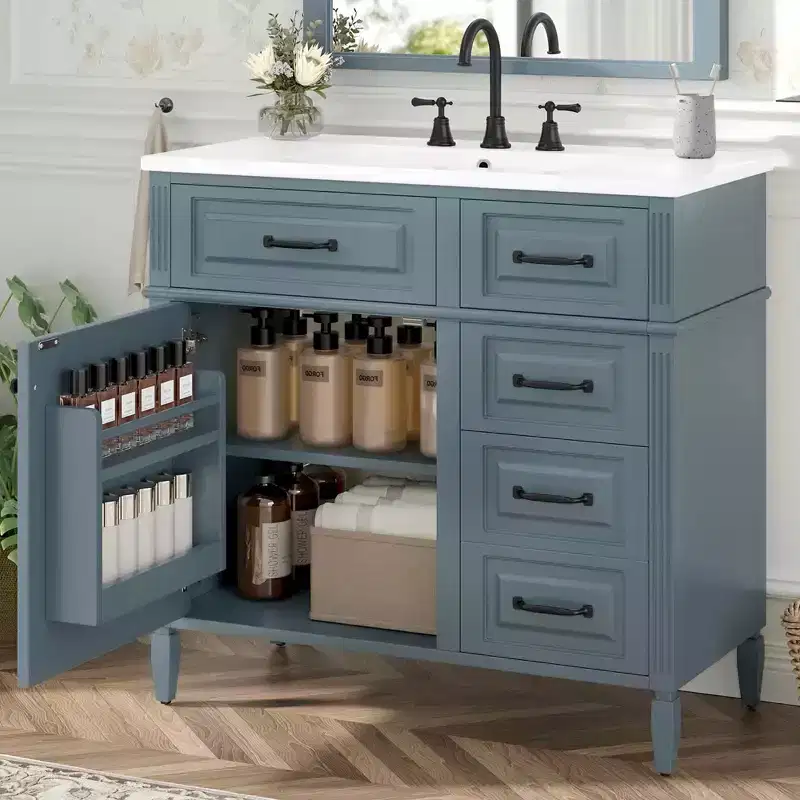 MAYEERTY 36 Bathroom Vanity with Sink White Solid Wood Flip Drawer 3 Drawers 2 Doors Black Metal Handles MDF