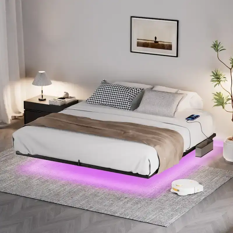Modern Floating Bed with LED Lights, Charging Station & Metal Frame