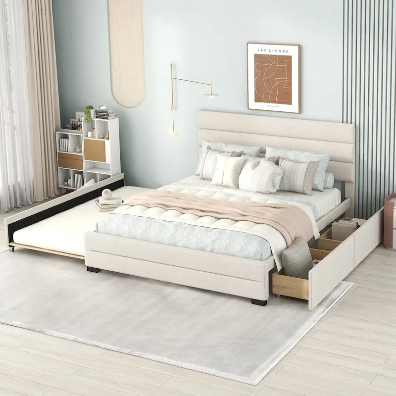 Beige Queen Upholstered Platform Bed, Trundle, Storage Drawers, Modern Design, Sturdy Frame