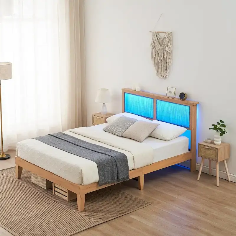 Bed Frame with Natural Rattan