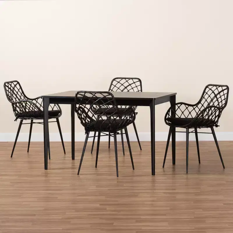 Black Rattan & Wood 5-Piece Dining Set for 4