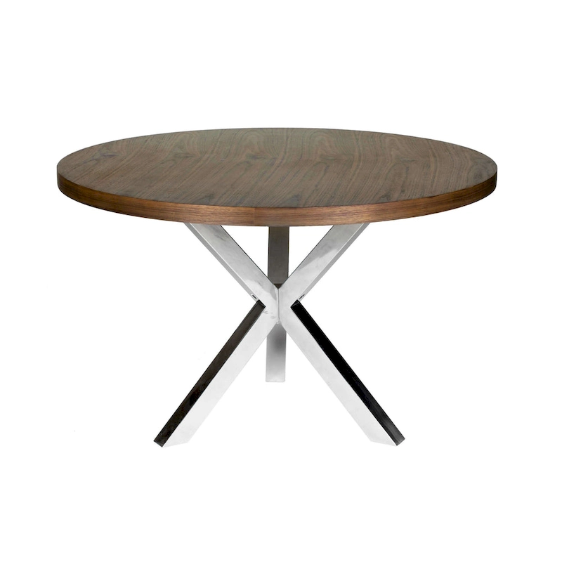 Emi 47 Inch Round Dining Table, X- Cross Brushed Steel, Walnut Brown Wood