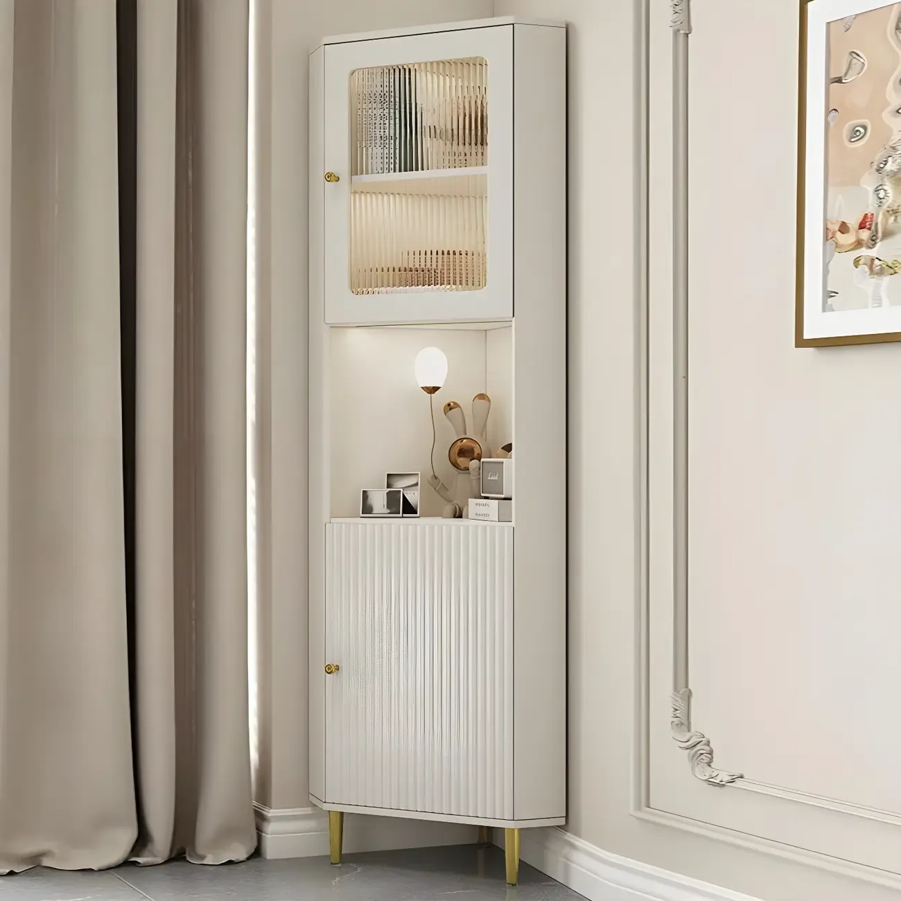 Elegant Faux Marble Top Striped Wooden Glass Corner Cabinet