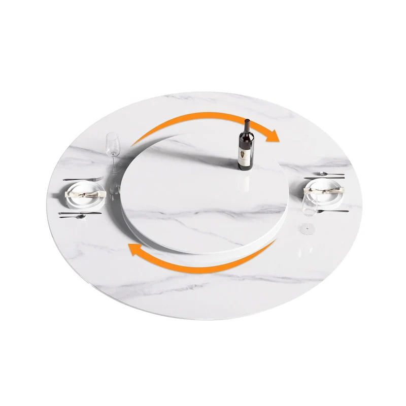 59 White Round Dining Table with Lazy Susan, Sintered Stone Tabletop - N/A