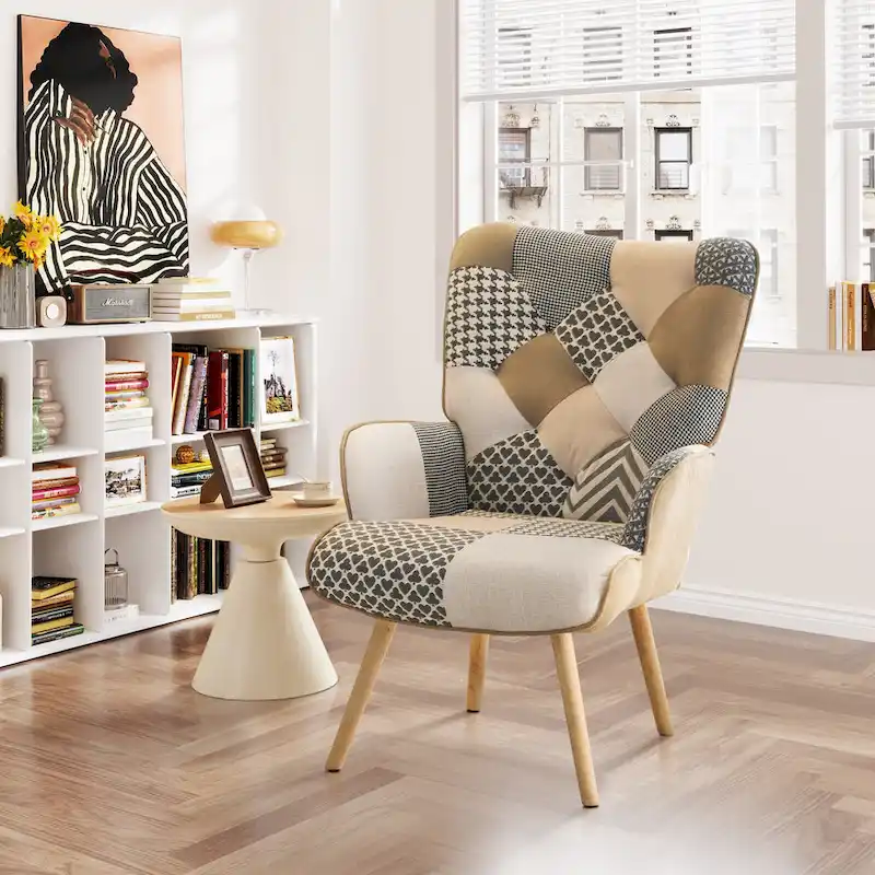 Linen Upholstered Modern Armchair Accent Chair with Wood Legs