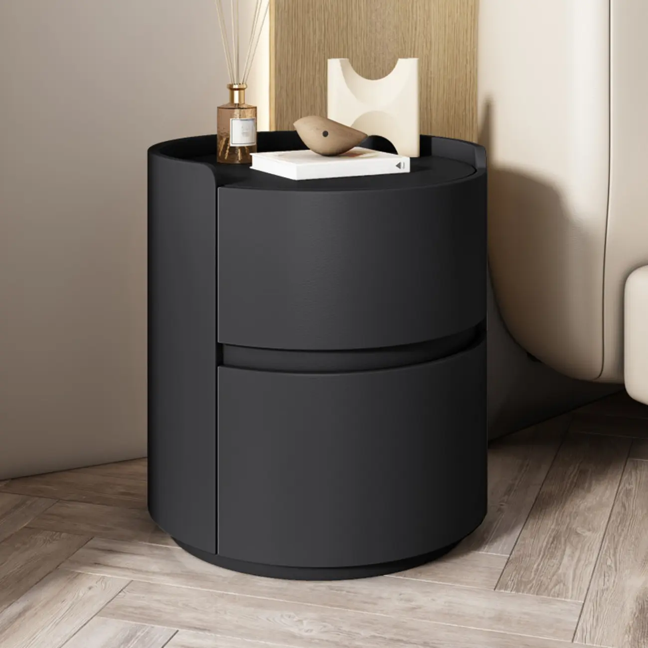 Modern Leather Tray Round 2-Drawer Nightstand