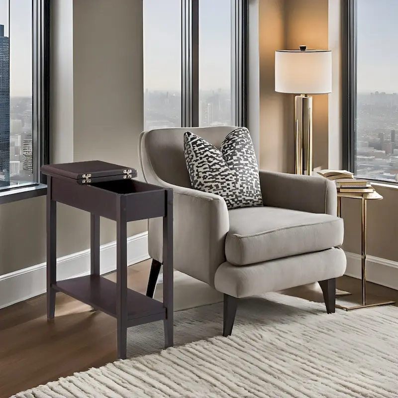 Narrow Flip-Top End Table with Drawer & Shelf, Gray/Black/Espresso/Cream/White/Cherry