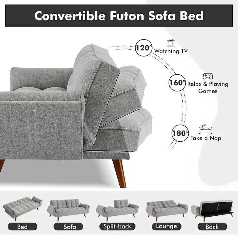 Futon Sofa Bed, Convertible Folding Futon Couch Recliner Lounge For Living Room With 2 Pillow/Armrest