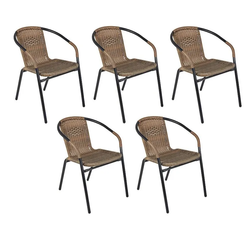 BTEXPERT Indoor Outdoor 5 - Set of Five Brown Restaurant Rattan Stack Chairs