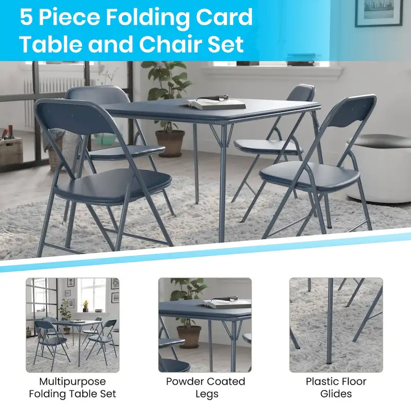 5 Piece Folding Card Table and Chair Set with Upholstered Table Top - 33.5W x 33.5D x 27.75H