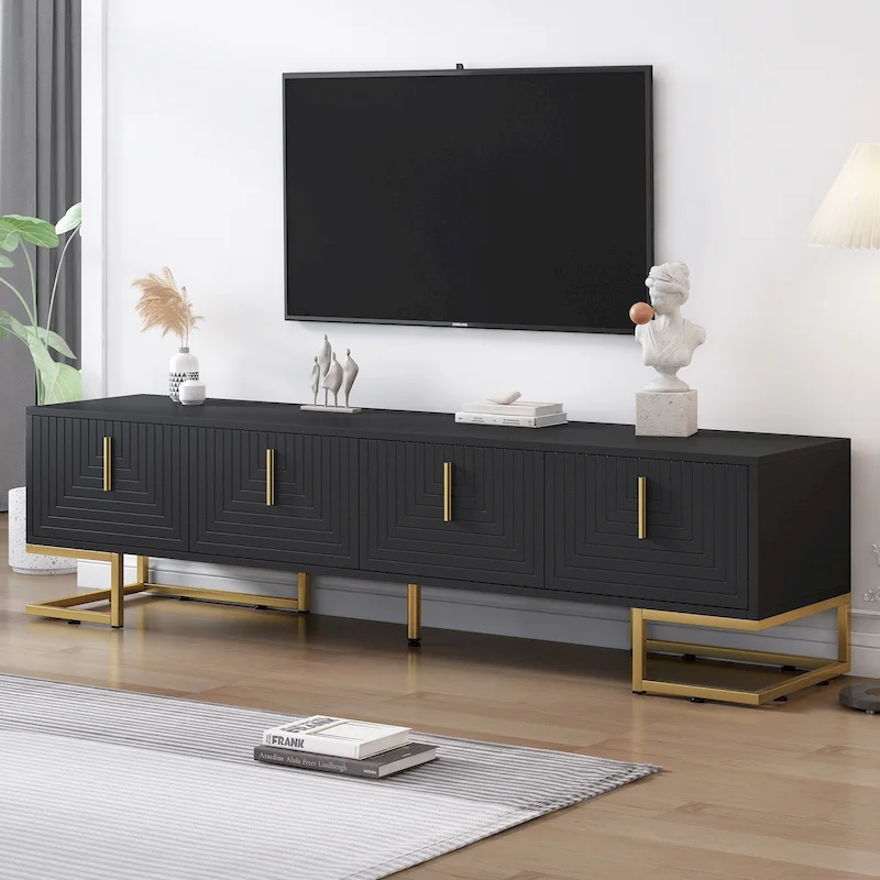 Black+Gold 70.8 TV Stand with Gold Handles & Cabinets for 80 TVs