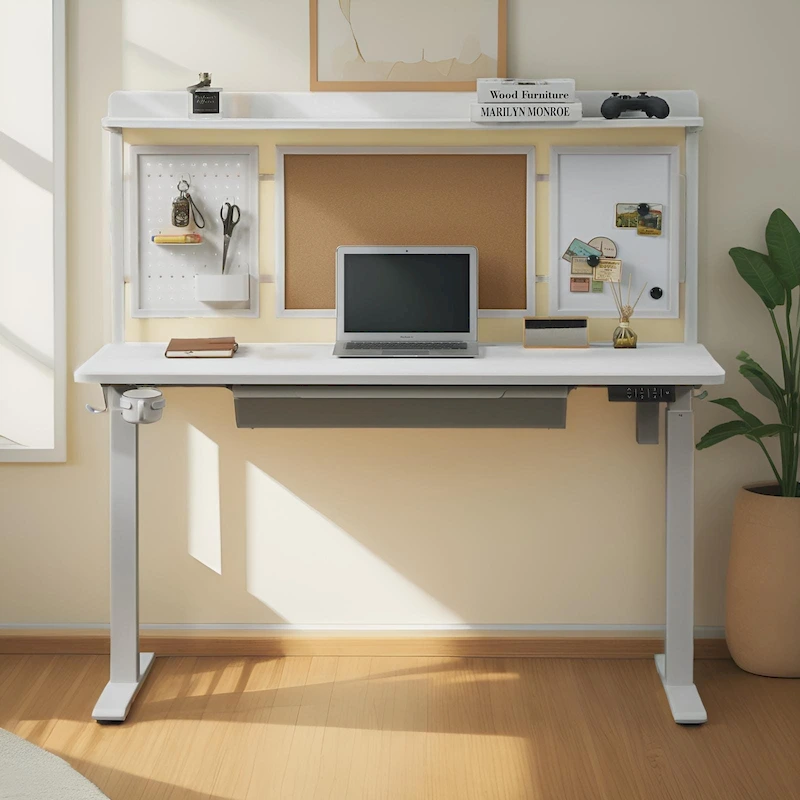 KOWO 55  White Electric Standing Desk w/Drawer & Backboard Height Adjustable Sit Stand Workstation for Home Office