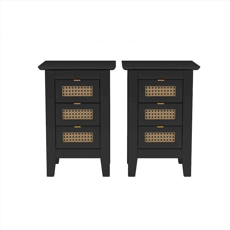 Wooden Nightstands Set of 2 with Rattan-Woven Surfaces and Three Drawers