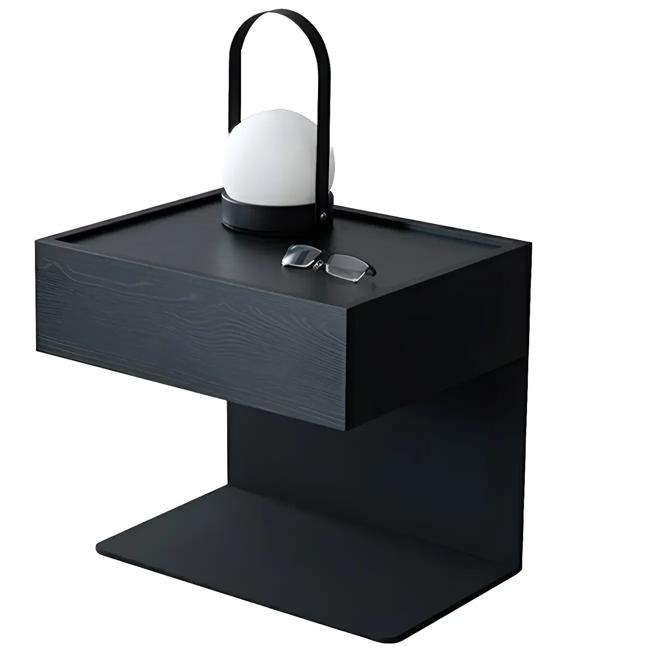 Black Steel Wood C-Shaped Drawer Nightstand with Light