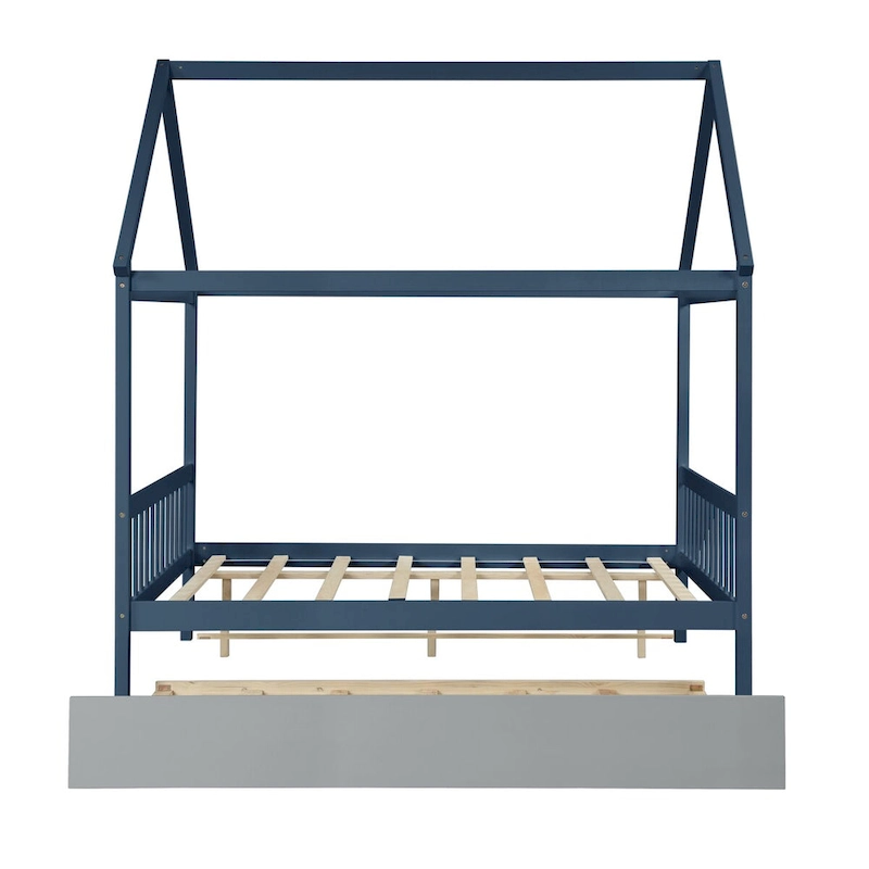 Pine Full House Bed with Canopy, Trundle, and Roof