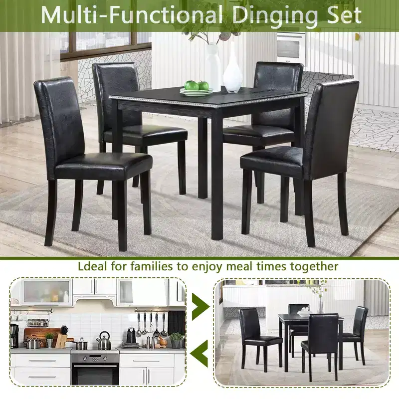 GDFStudio Jensen Modern 5 Piece Acacia Wood Faux Leather Upholstered Dining Chairs with Square Dining Table