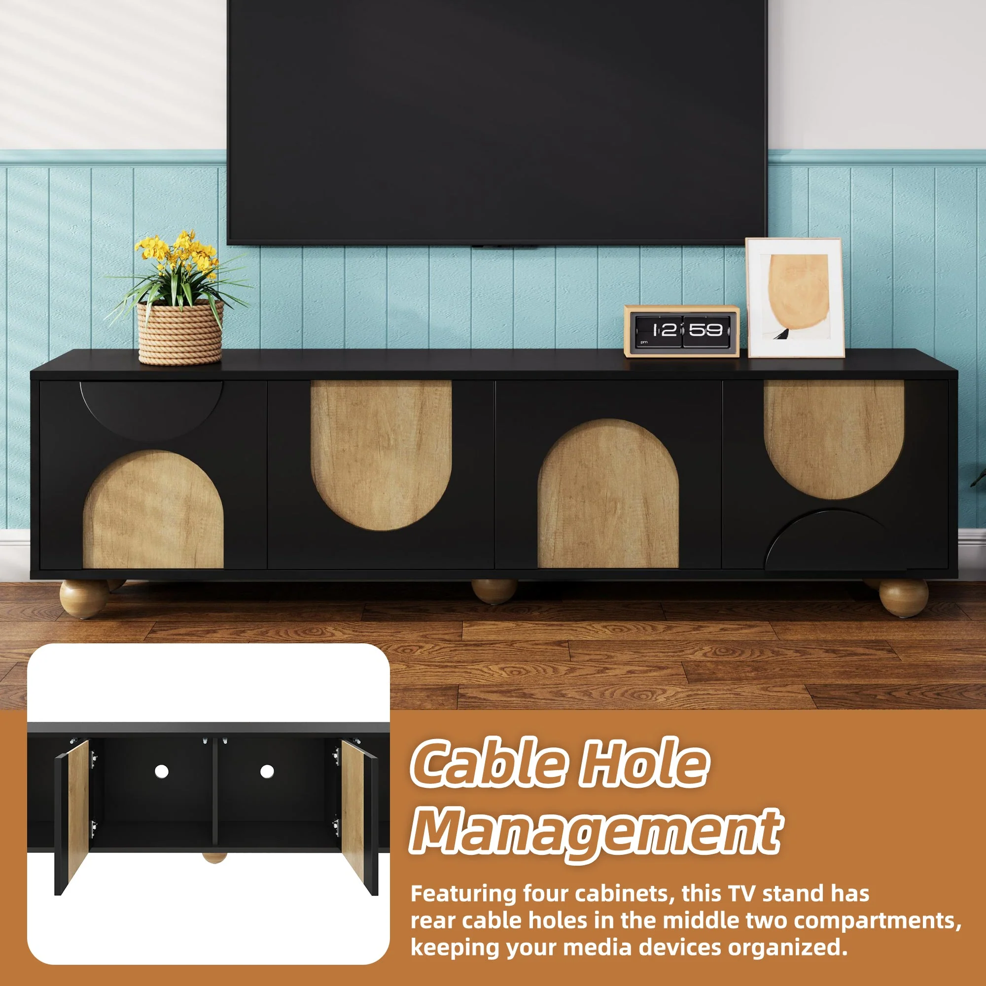 Modern Curve Shape Two Tone 69.6' TV Stand with Ball Feet Detail