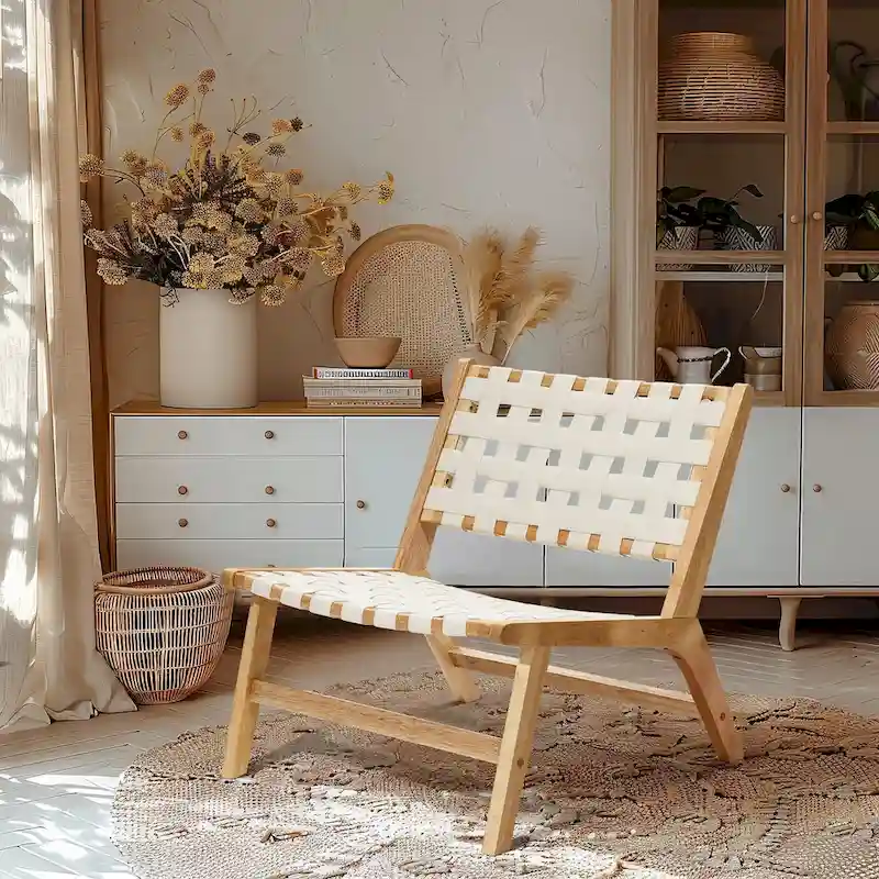 Natural Rubberwood with White PU Leather Low Profile Armless Accent Chair, Set of 2 - 28.5 H x 26.3 W x 26.5 D