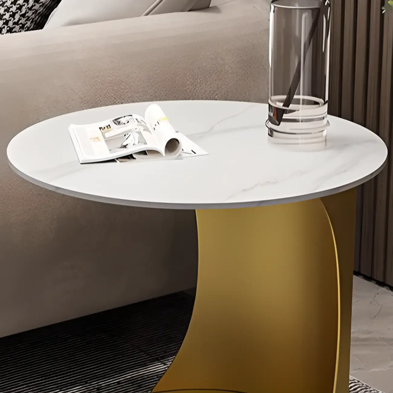 Classic C-Shaped White Marble Side Table with Gold Metal Base