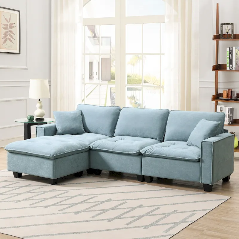 100 L-Shaped Convertible 4 Seater Sectional Sofa with Removable Ottoman and Matching Pillows, Suede Velvet Upholstery