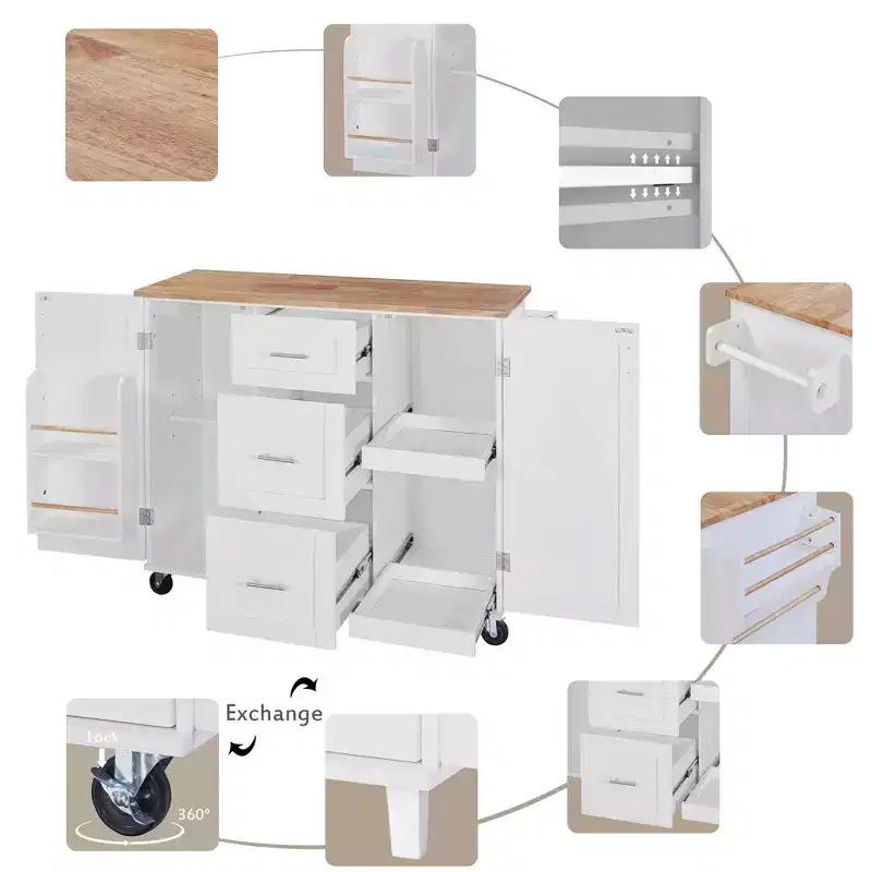 MAYEERTY Black Rolling Kitchen Island with Rubber Wood Top, 3 Drawers 2 Slide-Out Shelves Spice Rack Tower Rack