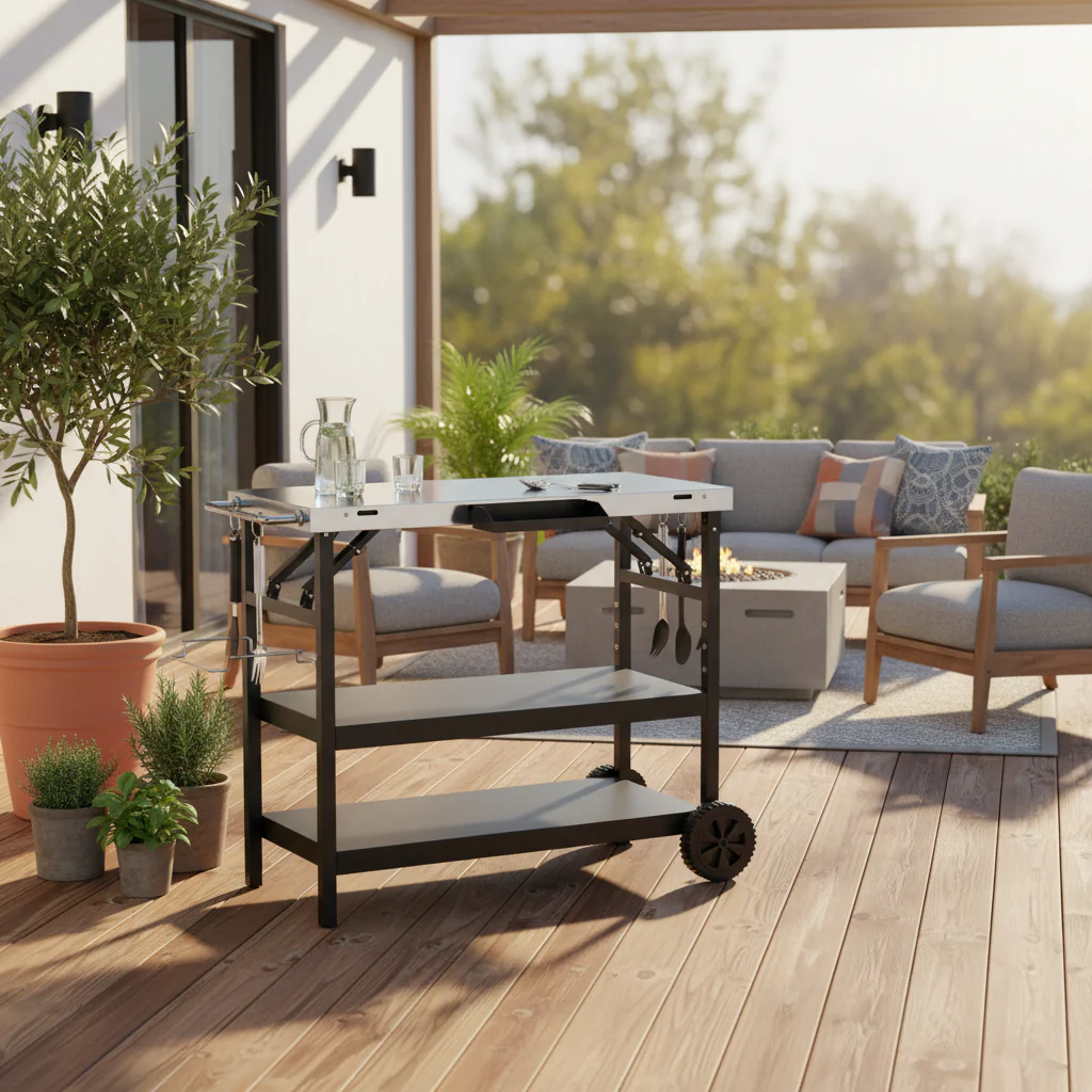 3 Tiers Foldable Outdoor Cart on 2 Wheels with Phone Holder-Black - 42 x 20.5 x 33 (L x W x H)