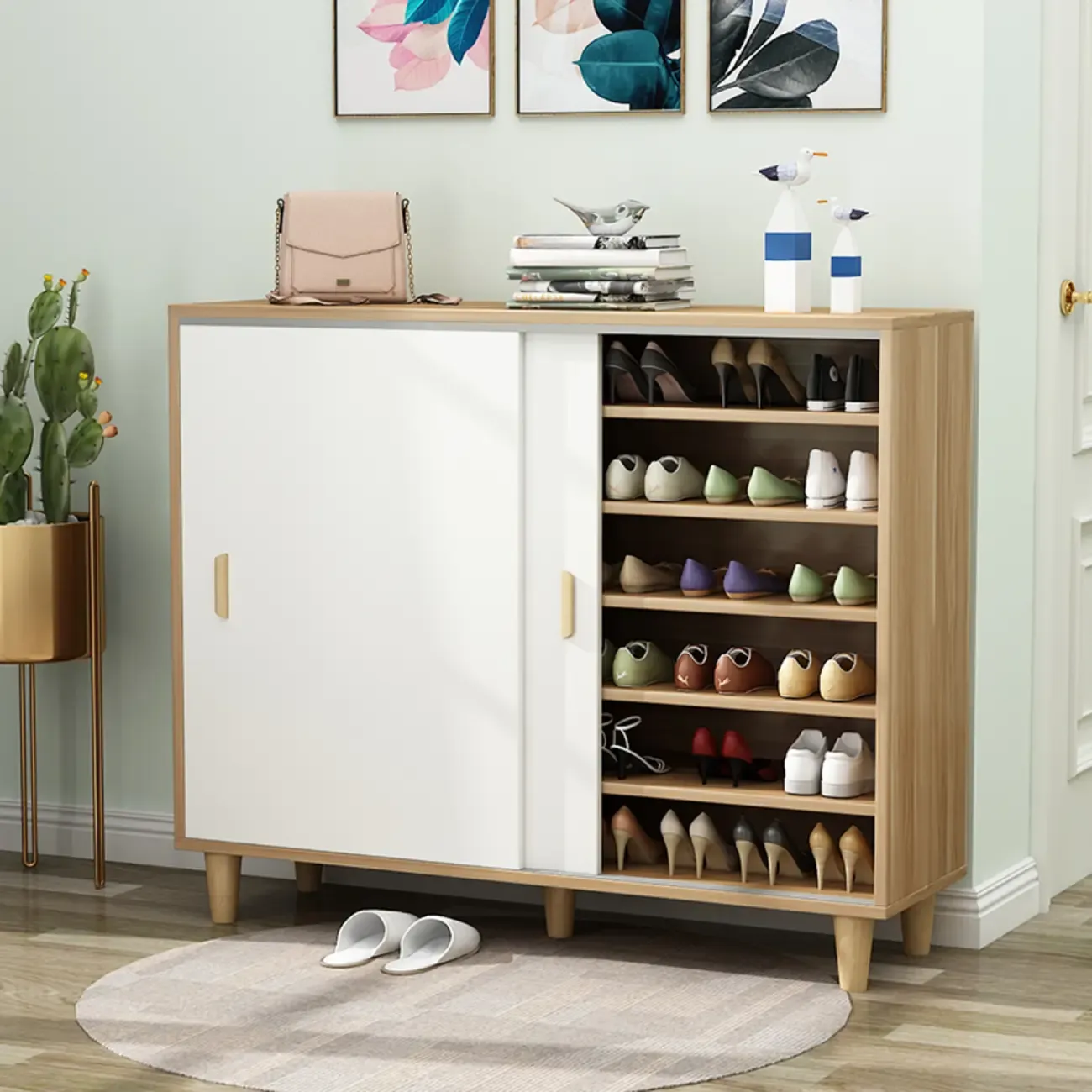 Freestanding Spacious Sliding Door 6-Tier Wood Shoe Cabinet