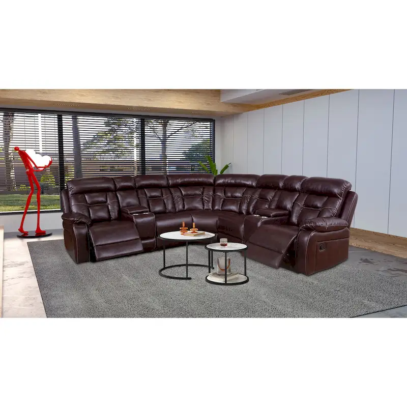 Mid-century Modern Faux Leather Upholstered Reclining Sectional Sofa