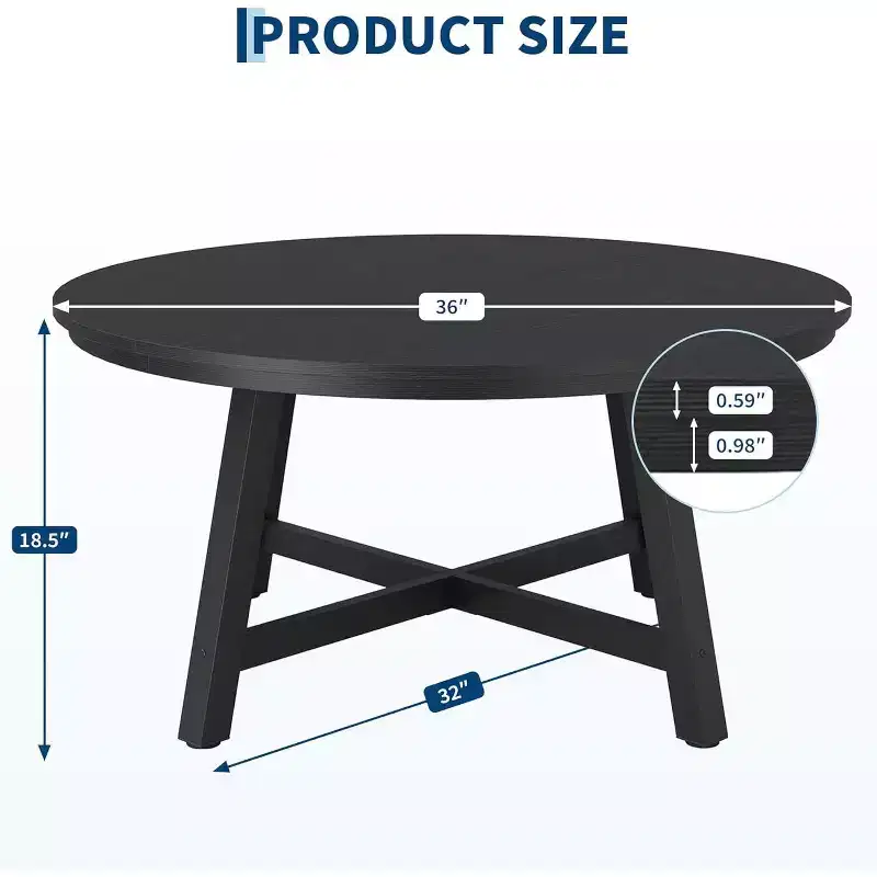 Round Coffee Table 36 Large Center Table Black Accent Tables with Adjustable Feet, Thickened Legs and Designed Wood Grain for Home Office