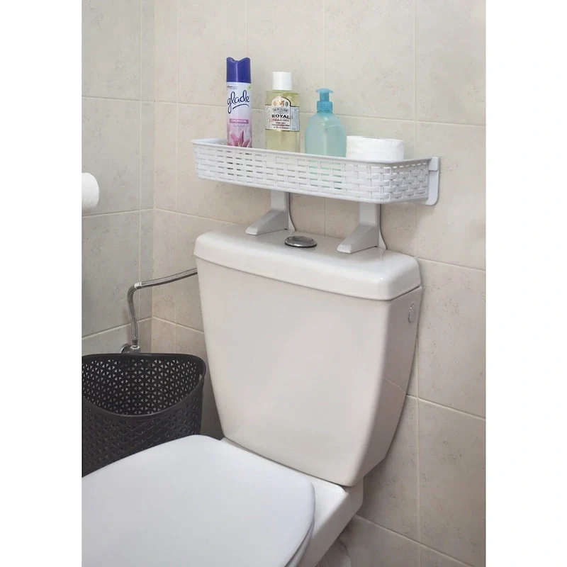 White Rattan-Style Recycled Plastic Over-Toilet Bathroom Shelf