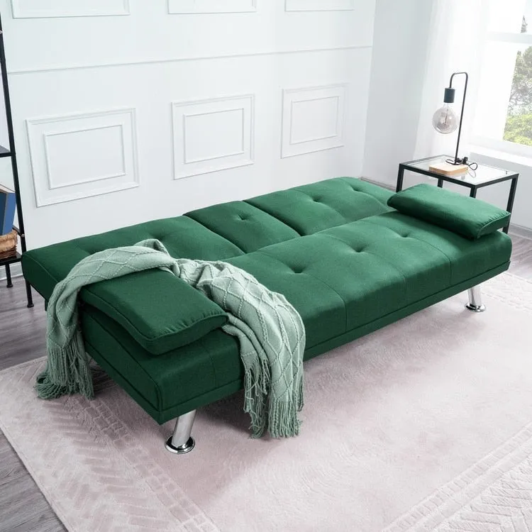 Futon Sofa Bed Couch with Armrest & Cupholders, Faux Leather Sofa Bed Couch Convertible Folding Reclining Small Couch