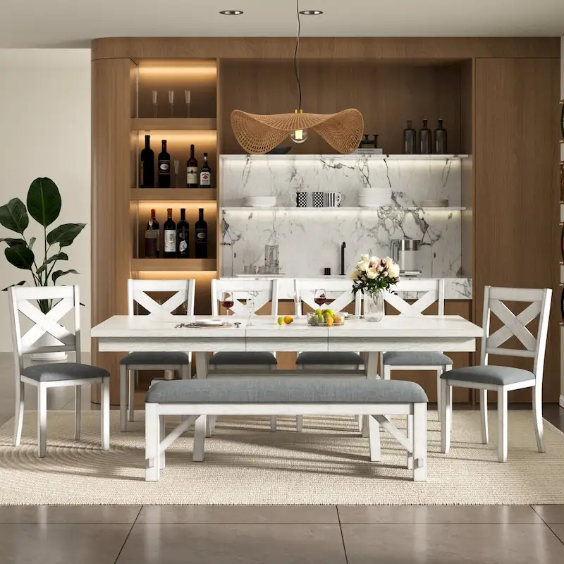 VECELO Dining Table Set with Bench, Solid Wood Rectangular Extendable Dining Table & 4 Solid Wood Dining Chairs