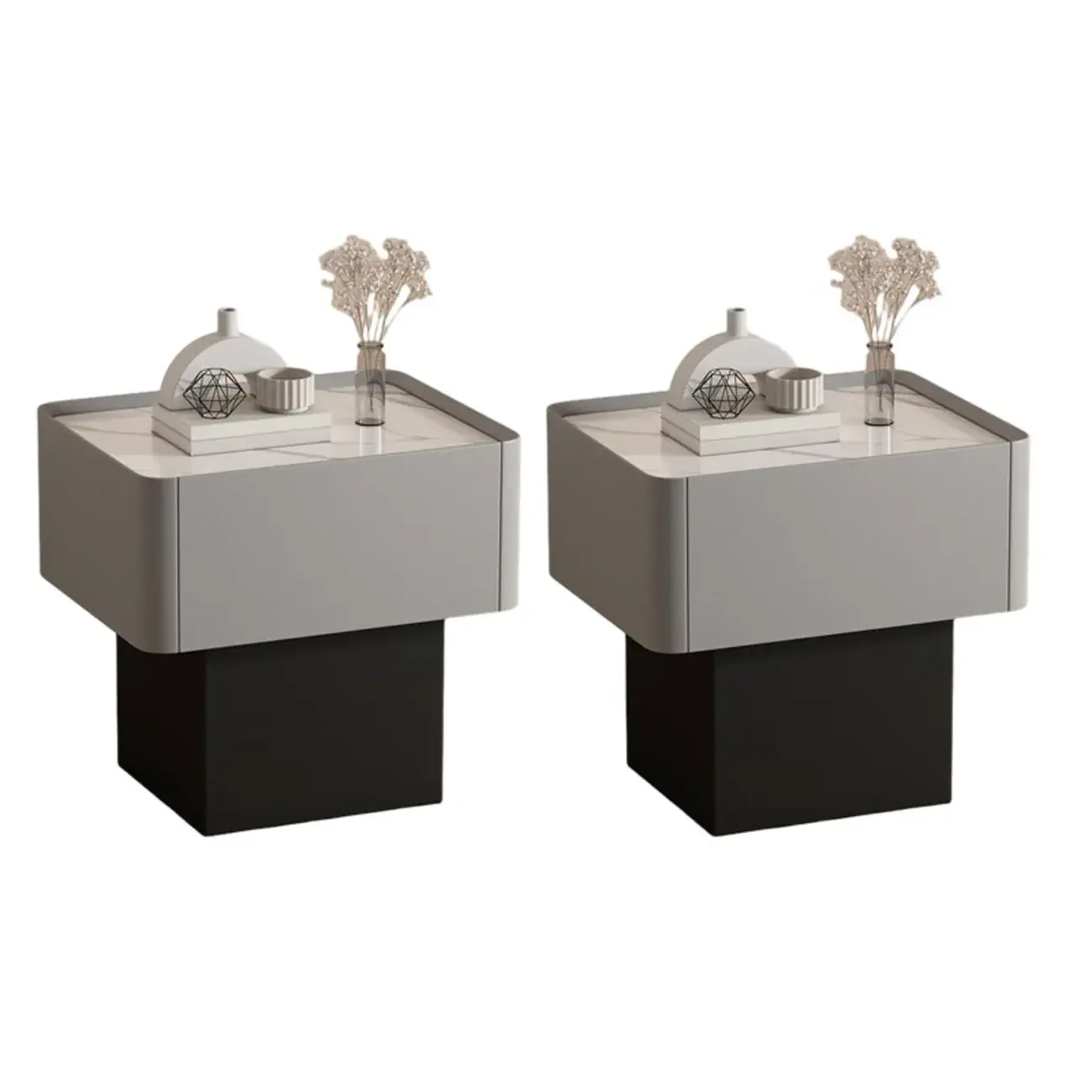 Modern Faux Leather Drawer Nightstand with Stone Top