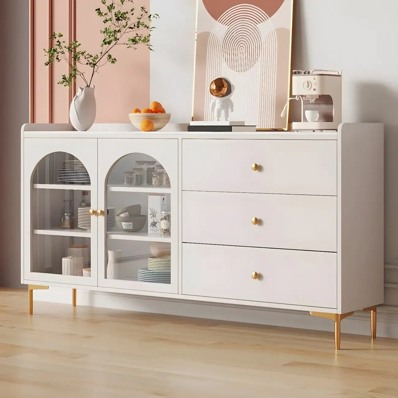 Glam White Wooden Buffet Table with Drawers & Shelves