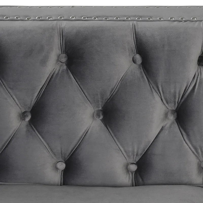 Dutch Velvet Button-Tufted Sofa, Blue/Grey/Beige, Nailhead Trim, Iron Legs, Seats 3