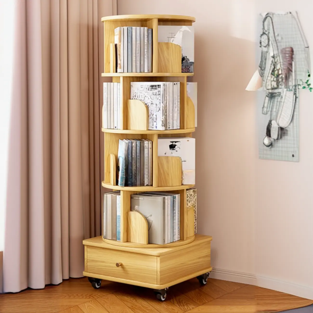 Narrow Wood 5-Tier Revolver Sliding Bookcase with Drawer