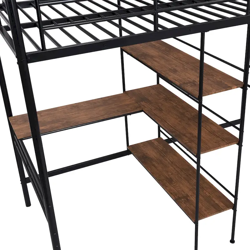 Twin Metal Loft Bed with Desk & Shelves