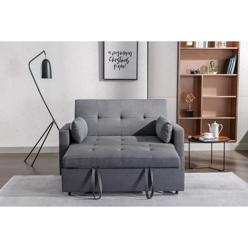 Light Grey Linen Fabric 3-In-1 Convertible Sleeper Loveseat With Side Pocket