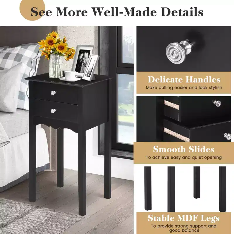 Costway Side Table End Accent Table Night Stand W/ 2 Drawers Furniture Black