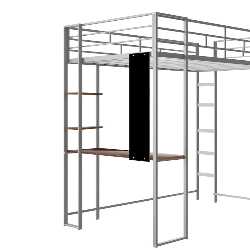 Silver Twin Size Metal Loft Bed with Ladder, Fence, Shelves, and Desk
